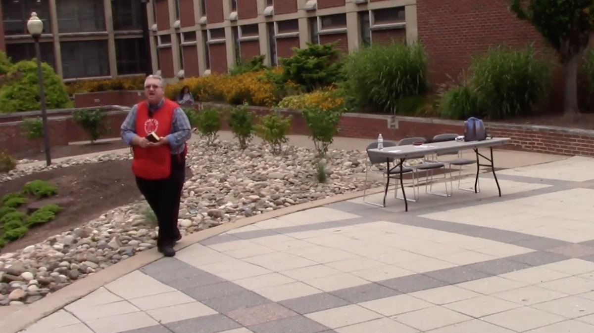 Rodney Keister is the founder of “Evangelism Mission.” He’s seen here preaching at Bloomsburg University on Aug. 28, 2019.
