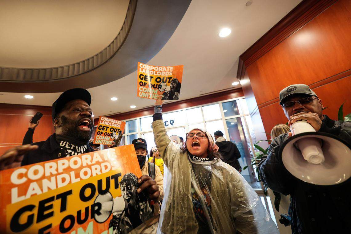 In this 2023 photo, protestors with Action NC and Renters Rising held a rally at Invitation Homes’ Charlotte office. Invitation is currently facing a lawsuit that claims the corporate landlord unfairly charged renters millions of dollars in undisclosed fees. Wednesday, January 25, 2023.