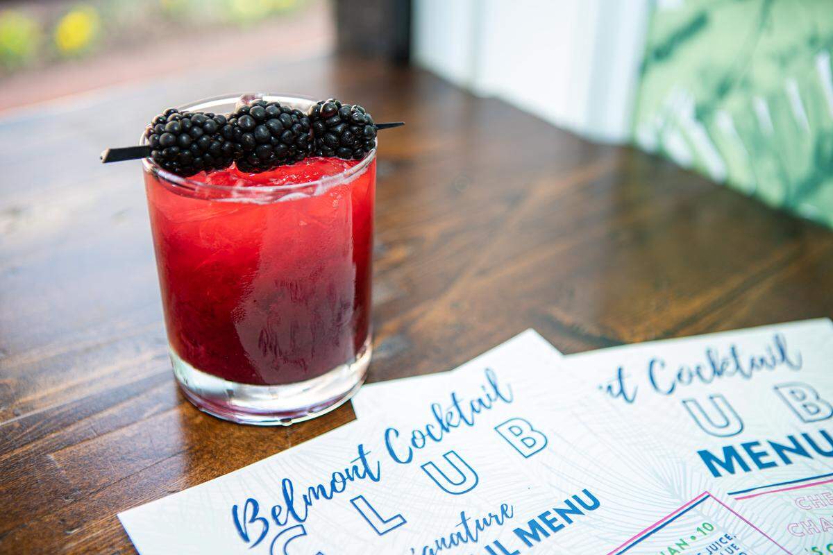 Belmont Cocktail Club’s Blushing Belmont has Irish whiskey, lemon juice, simple syrup, blackberry puree.