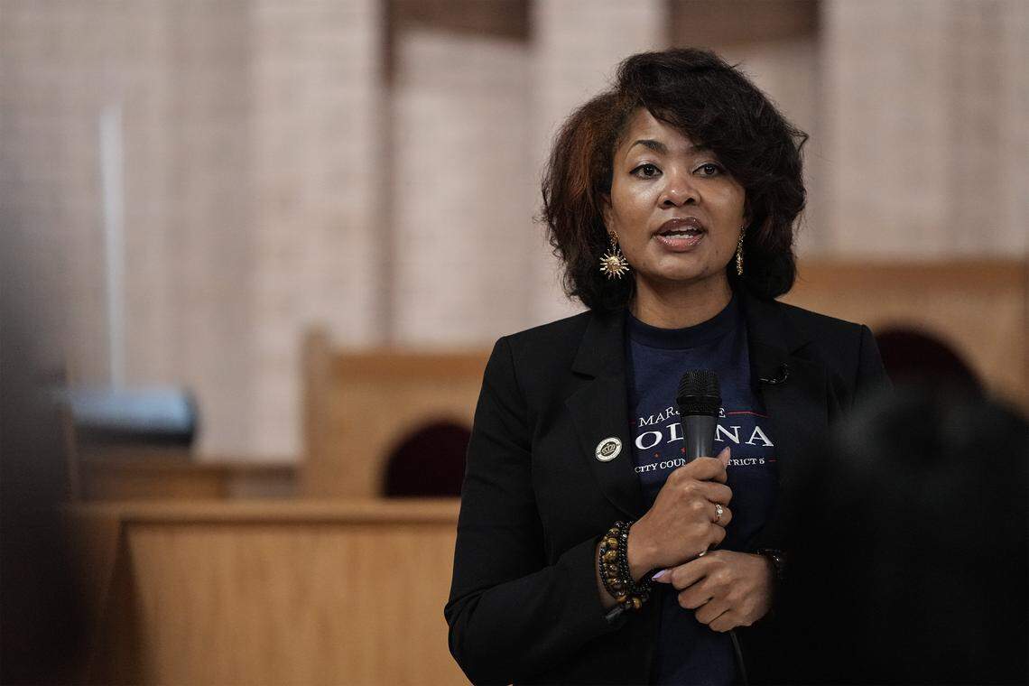 Charlotte City Council District 5 Representative Marjorie Molina speaks during a candidate forum, hosted by the Black Political Caucus of Charlotte-Mecklenburg Saturday, Aug. 2, 2025, in Charlotte, N.C.