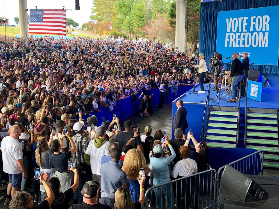 Jon Bon Jovi and the band The War and Treaty perform at PNC Music Pavilion prior to Vice President Kamala Harris’ speech on Saturday, November 2, 2024.