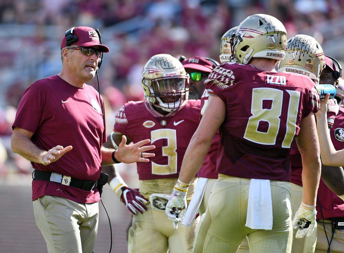 Dec 2, 2017; Tallahassee, FL, USA; Florida State Seminoles recruiting coordinator and tight ends coach Tim Brewster during the first half of the game against the Louisiana Monroe Warhawks at Doak Campbell Stadium.