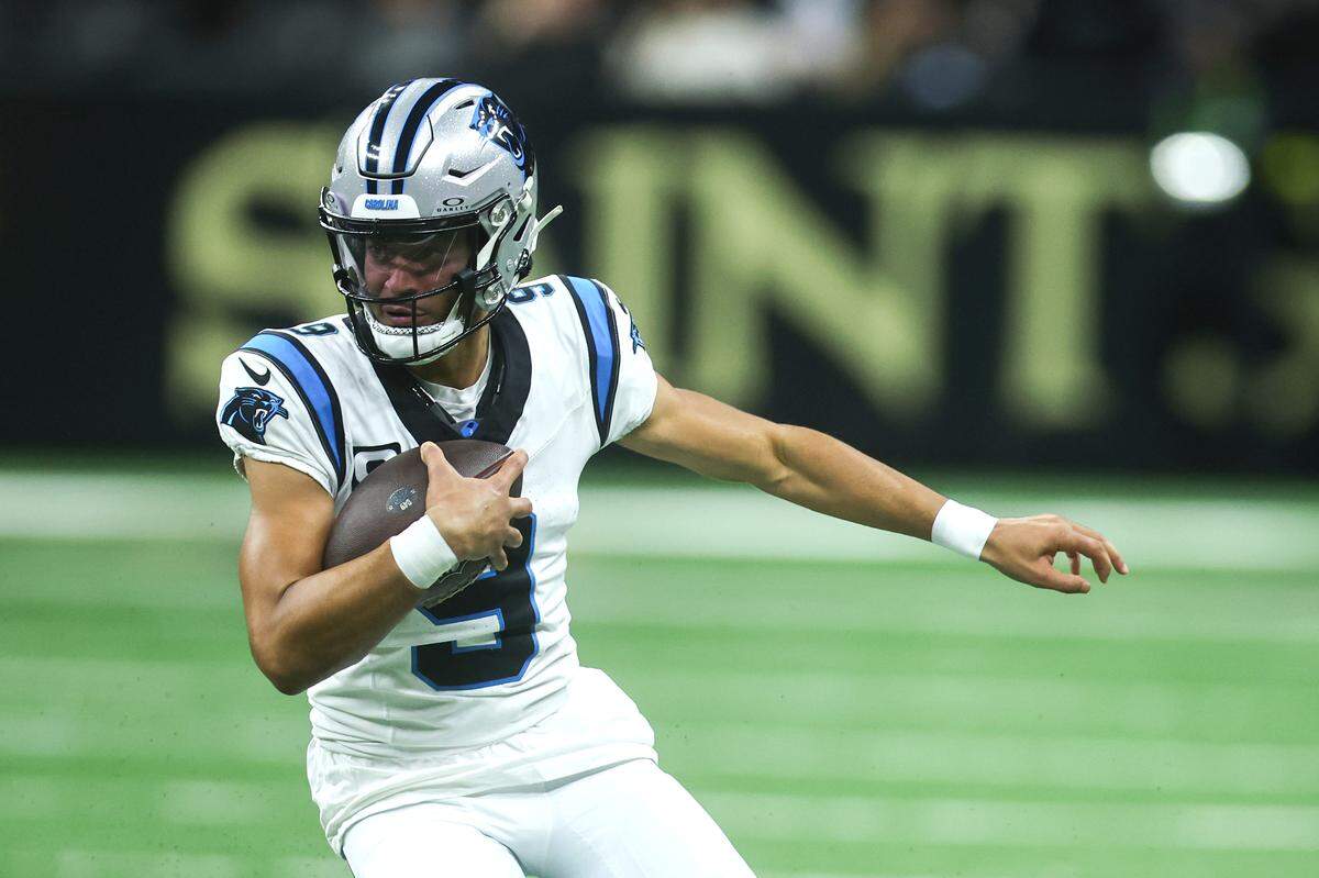 Carolina Panthers QB Bryce Young scrambles during the first quarter of Sunday’s game against the New Orleans Saints at Caesars Superdome.