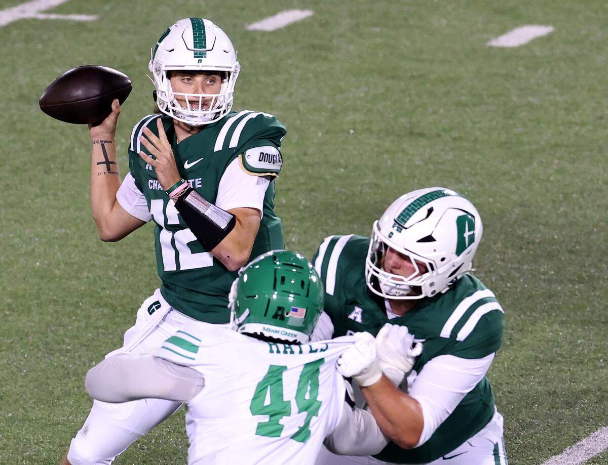 Charlotte 49ers quarterback Grayson Loftis, left, drops back to pass to a receiver during action against North Texas on Friday, October 24, 2025 at Jerry Richardson Stadium.