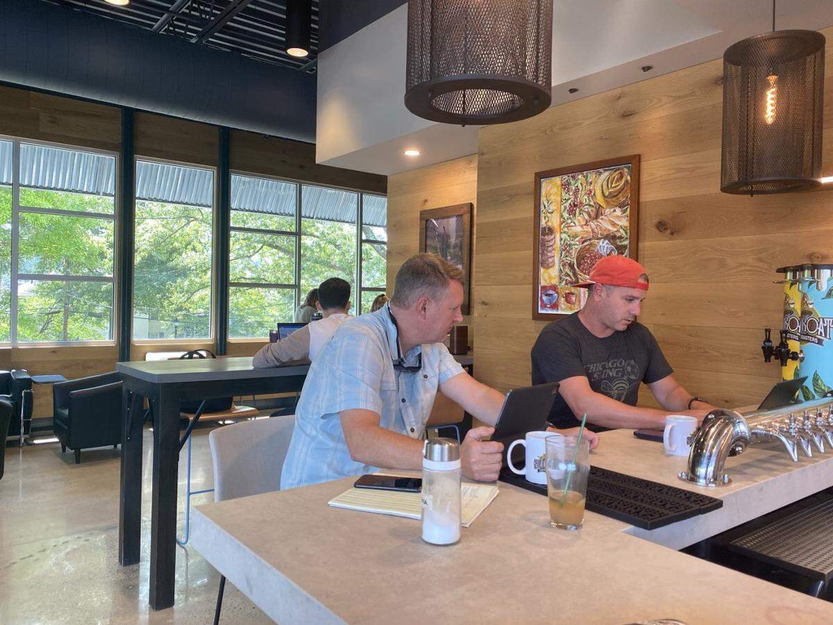 The upstairs area of The Giddy Goat offers plenty of seating conducive for productive work.