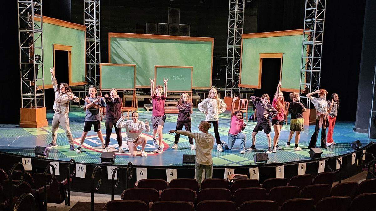 Cast members from “School of Rock” in tech week working on spacing on stage. The Children’s Theatre of Charlotte show runs through Oct. 20.