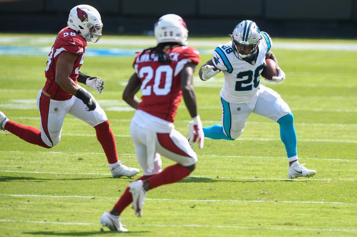 Carolina Panthers running back Mike Davis (28) had 84 rushing yards and a touchdown against Arizona in Week 4 and will get a lot of touches vs. Atlanta since Christian McCaffrey is out at least one more week.