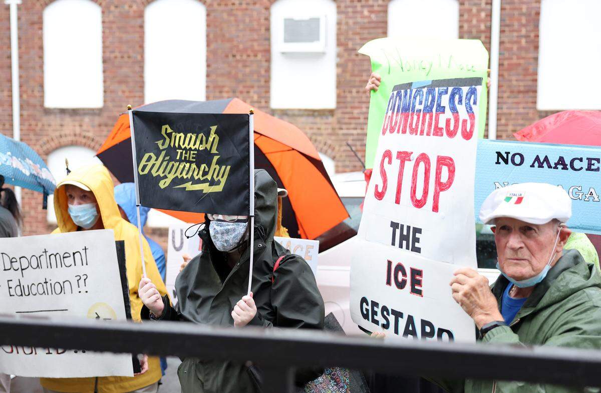 Outside the Hoppin’ in Rock Hill, South Carolina, protesters waved flags and held signs. Inside, Republican candidate Nancy Mace addressed a crowd at a campaign event on Monday, August 11, 2025.