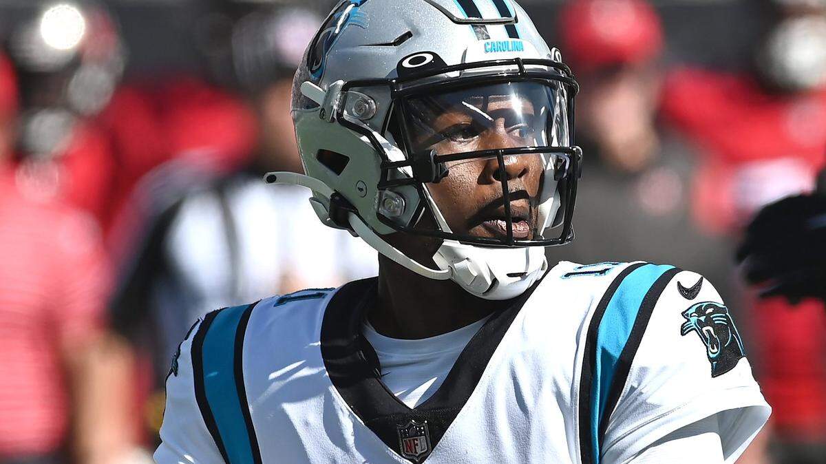 Carolina Panthers quarterback PJ Walker drops back to pass during action against the Tampa Bay Buccaneers at Bank of America Stadium in Charlotte, NC on Sunday, October 23, 2022. The Panthers defeated the Buccaneers 21-3.