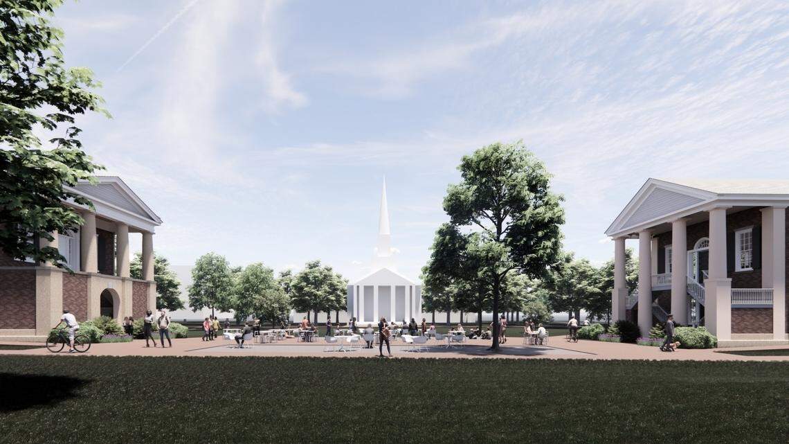 Planned renovations as part of the new Martin Institute will include a shared Plaza between Phi and Eu halls at Davidson College.