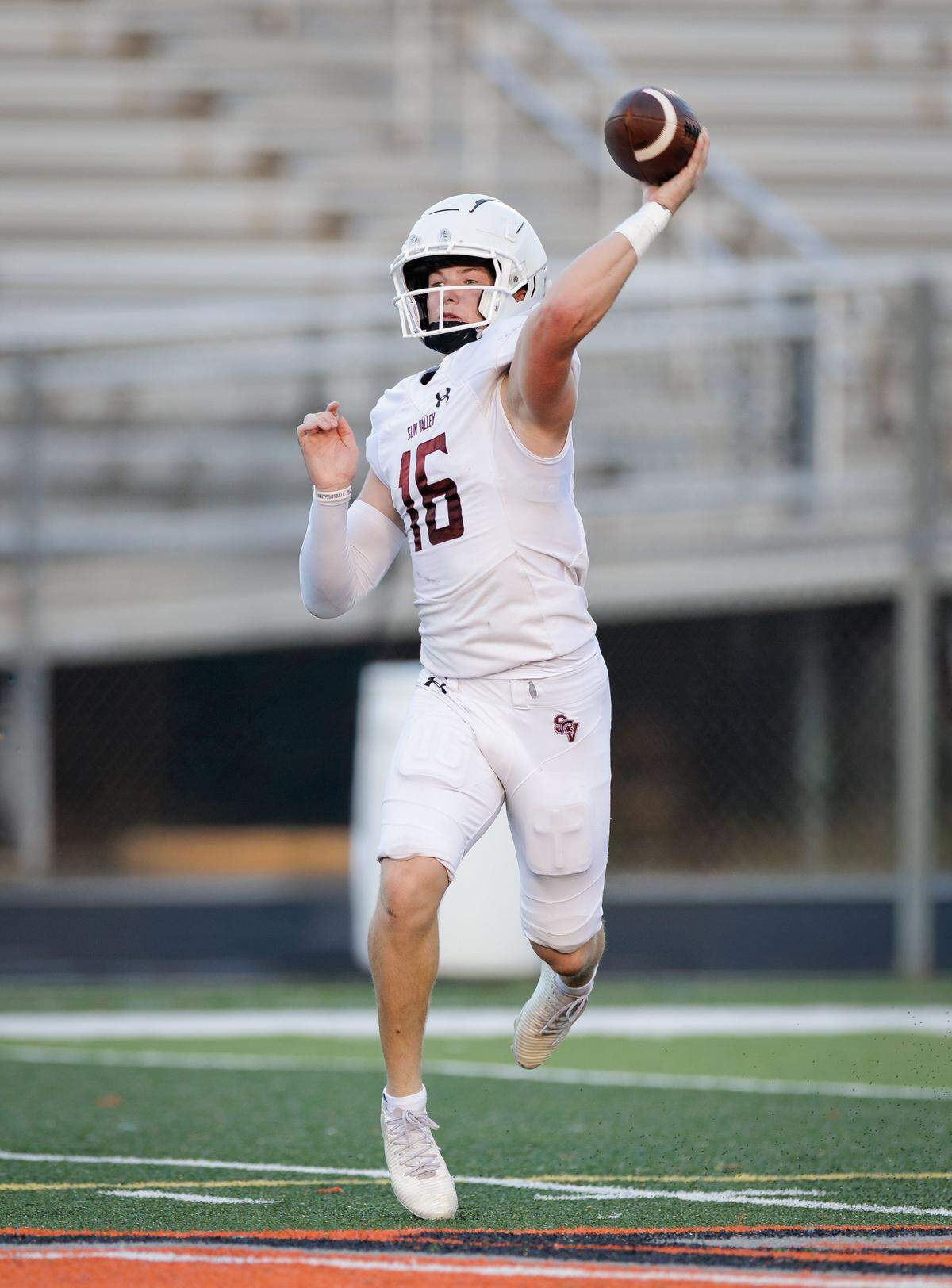 Senior quarterback Noah Lineberry drops back during a preseason scrimmage against Ardrey Kell. A standout for the Spartans, Lineberry has drawn interest from several Division I programs thanks to his strong arm and field awareness. With recruitment heating up, he’s expected to be a key leader in Sun Valley’s 2025 campaign. August 15, 2025.