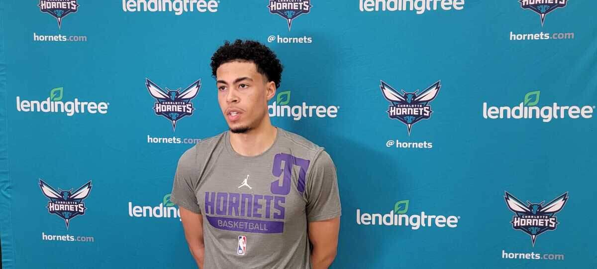 Mojave King speaks with the media after working out for the Charlotte Hornets on June 15, 2023.