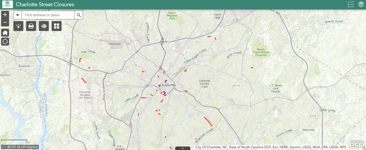 Charlotte residents can find active and upcoming street closures on the city’s interactive map.