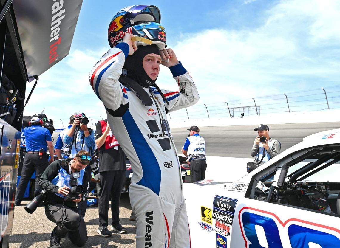 NASCAR Xfinity Series driver Connor Zilisch glances down the track at Rockingham Speedway prior to qualifying for the North Carolina Education Lottery 250 on Saturday, April 19, 2025.
