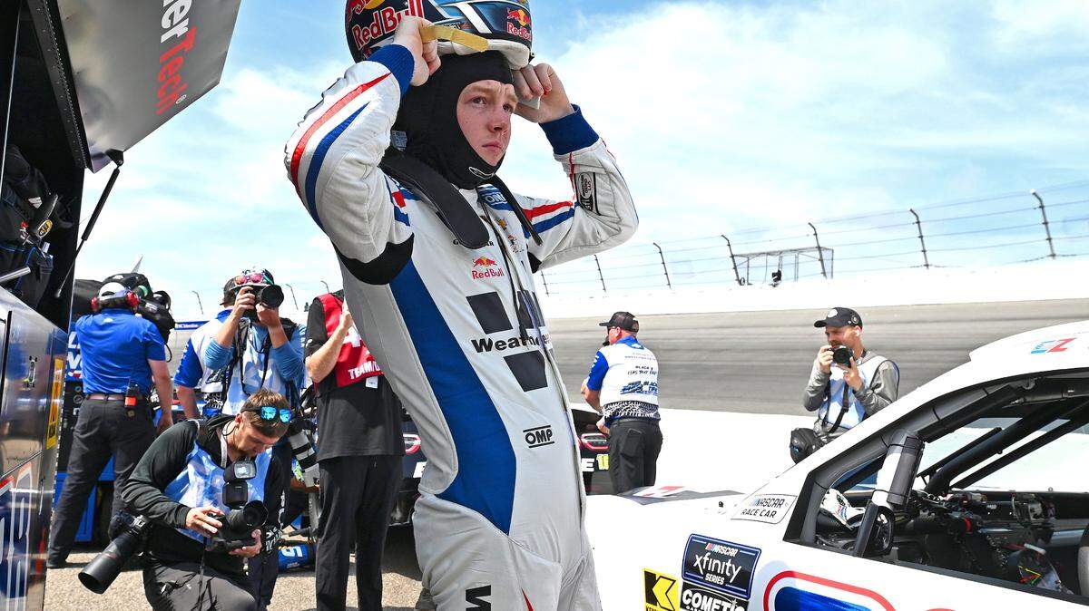 NASCAR Xfinity Series driver Connor Zilisch glances down the track at Rockingham Speedway prior to qualifying for the North Carolina Education Lottery 250 on Saturday, April 19, 2025.