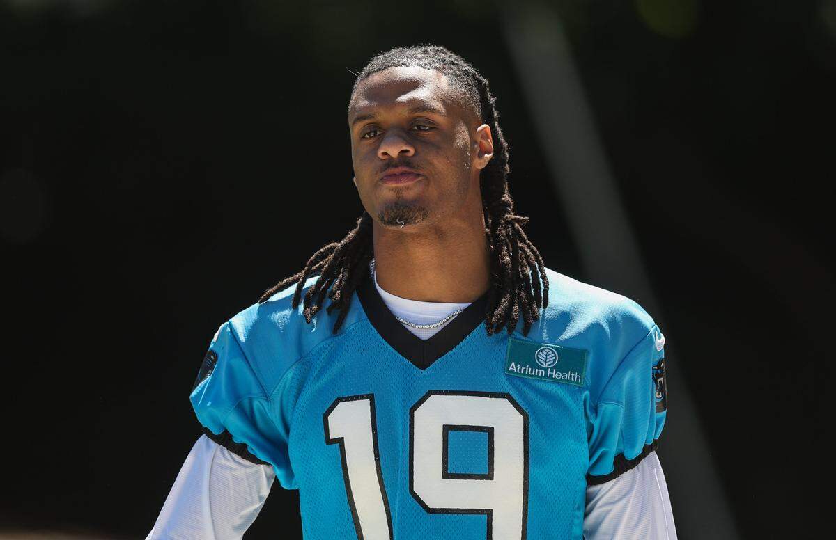 Wide receiver Chris Brazzell II walks from Bank of America Stadium to the Carolina Panthers practice facility for rookie minicamp on Friday, May 8, 2026.