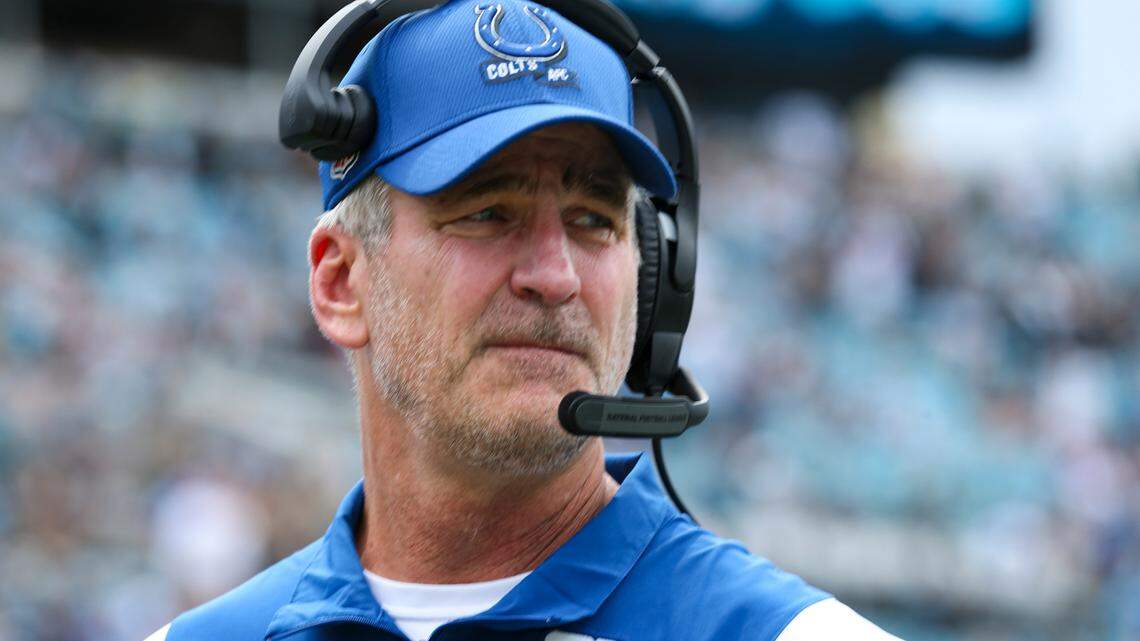 Indianapolis Colts head coach Frank Reich on the sideline before an NFL football game against the Jacksonville Jaguars in Jacksonville, Fla., Sunday, Sept. 18, 2022. (AP Photo/Gary McCullough)