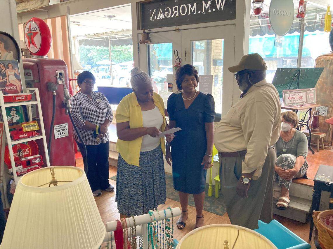 Cheri Beasley on the campaign trail in Church St. Antiques & Other Cool Stuff in Hertford, North Carolina, on Aug. 3, 2022.