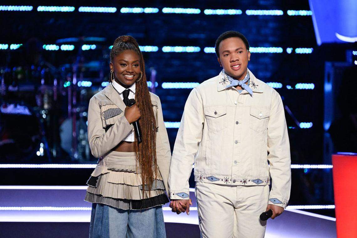 Bryson Battle and Ari Camille during the March 17 episode of “The Voice” on NBC.