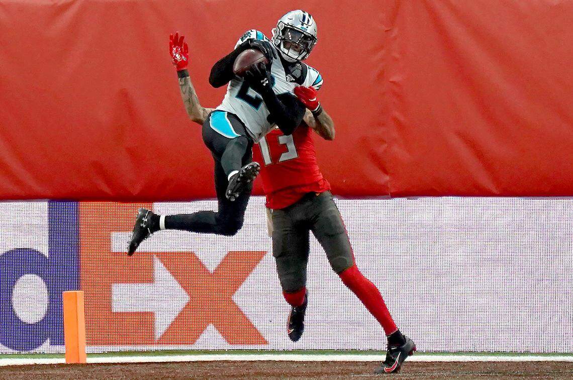 Carolina Panthers cornerback James Bradberry intercepts a pass by Tampa Bay Buccaneers quarterback James Winston meant for wide receiver Mike Evans last season in London. Bradberry to command a high price tag in free agency.