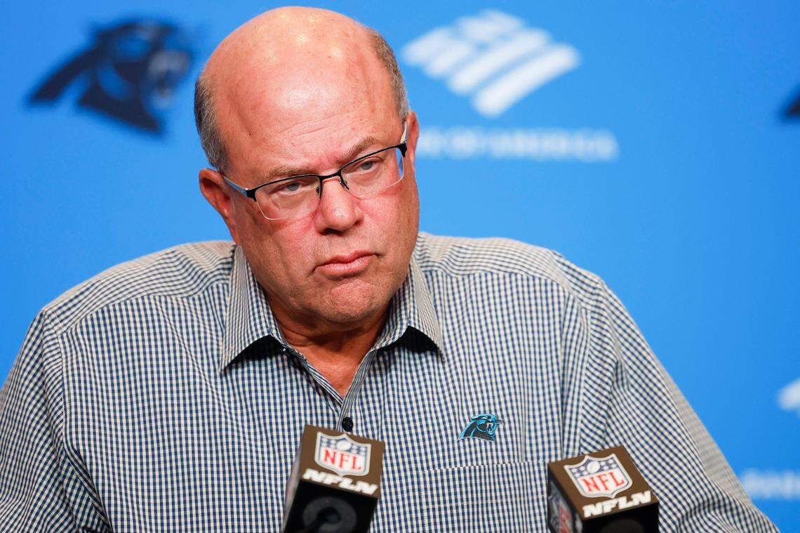 Carolina Panthers owner Dave Tepper listens to a question during his press conference Monday, shortly after firing head coach Matt Rhule.