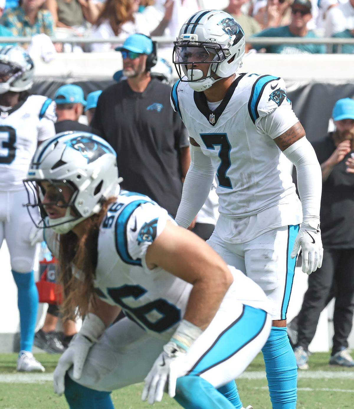 Carolina Panthers safety Tre’Von Moehrig, right, lines up during action against the Jacksonville Jaguars on Sunday, September 7, 2025 at Everbank Stadium in Jacksonville, Florida. The Jaguars defeated the Panthers 26-10.
