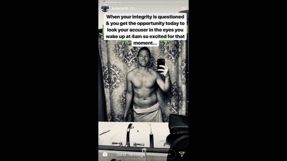 On the morning of a hearing on a sexual harassment complaint filed by two of his former Charlotte Yoga employees, Kyle Conti posted this message on Instagram. Upon seeing this and other images, the women's lawyer said she and her clients left the hearing.
