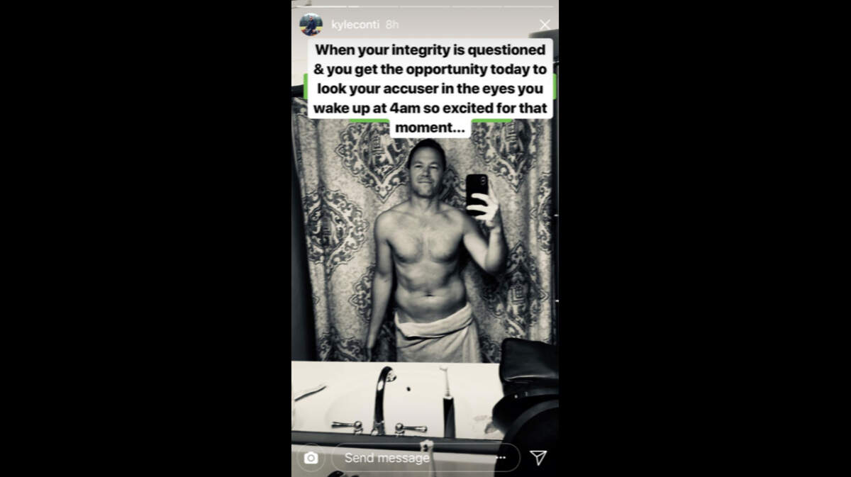 On the morning of a hearing on a sexual harassment complaint filed by two of his former Charlotte Yoga employees, Kyle Conti posted this message on Instagram. Upon seeing this and other images, the women's lawyer said she and her clients left the hearing.