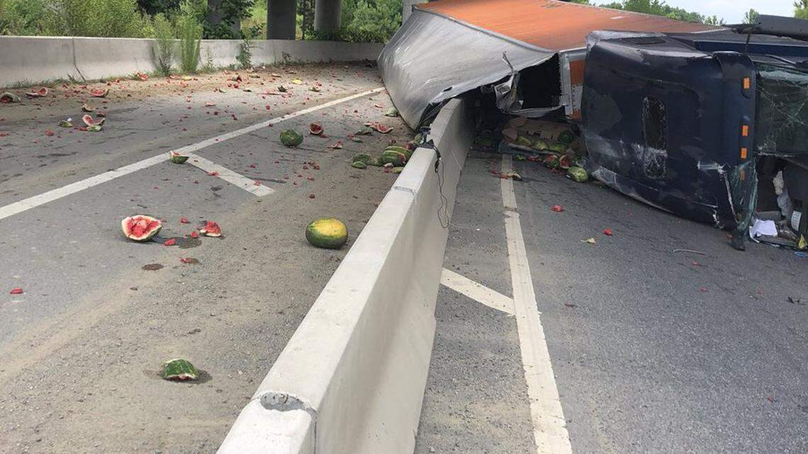 A tractor-trailer that was carrying watermelons crashed  on the I-485 inner ramp to northbound I-77 in Charlotte.