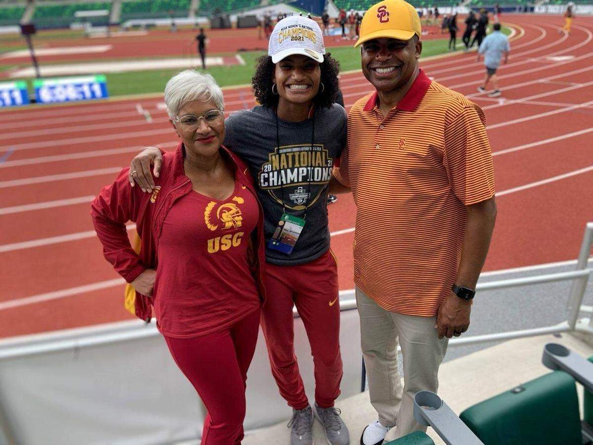 Anna with her parents, Kieth and Serena Cockrell at the NCAA Division 1 Track & Field Championship in Eugene, Oregon in June 2021. Anna won the 100m and 400m hurdles, becoming the second woman to accomplish such a feat. The USC Women’s team won the National Championship for the second time in three years.