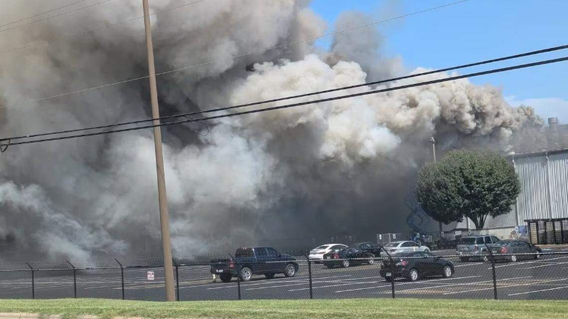 Huge plumes of smoke billowed from a fire at a Freightliner plant in the Rowan County, NC, community of Cleveland on Saturday, Aug. 30, 2025.