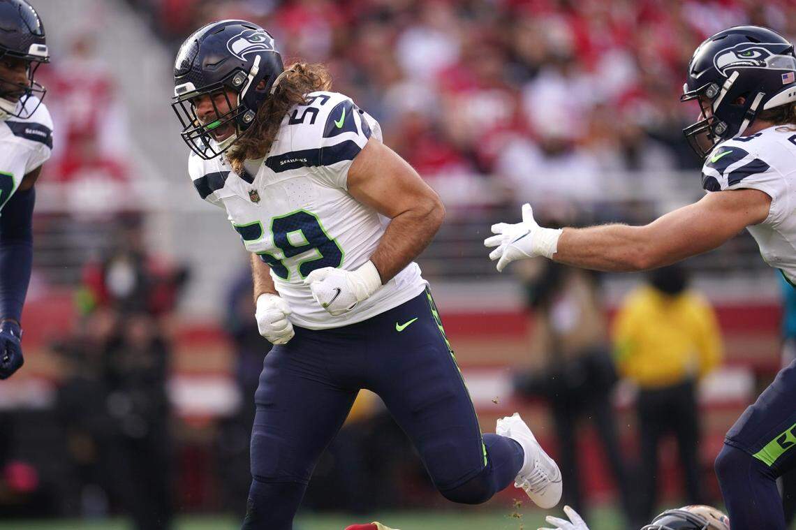 Dec 10, 2023; Santa Clara, California, USA; Seattle Seahawks linebacker Jon Rhattigan (59) reacts after making a tackle against the San Francisco 49ers in the first quarter at Levi's Stadium. Mandatory Credit: Cary Edmondson-USA TODAY Sports