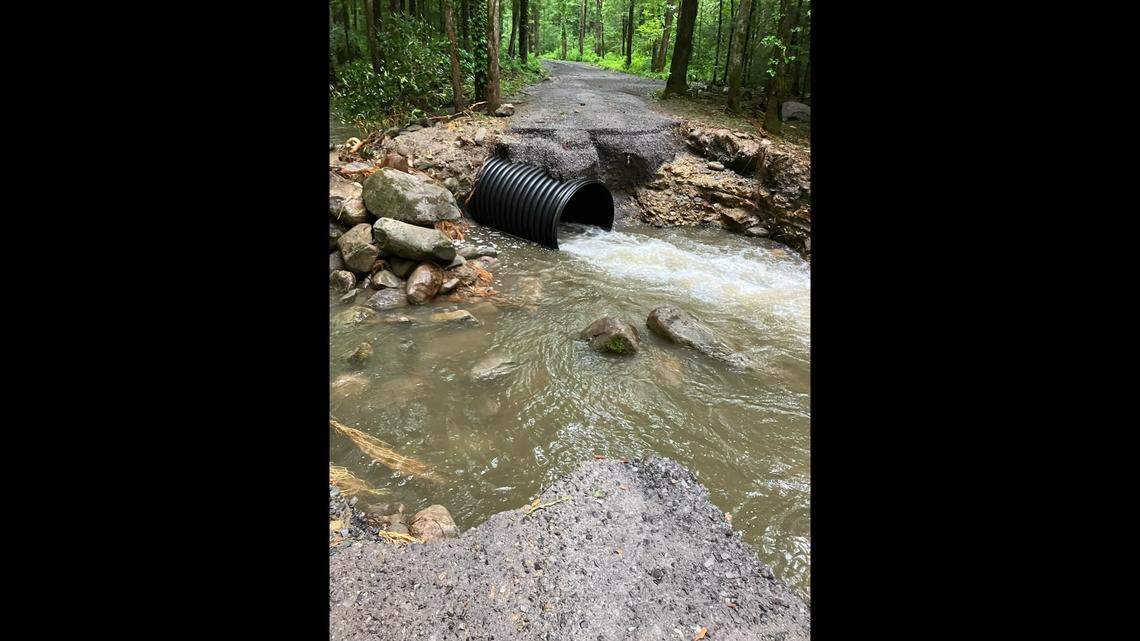 This is a washed-out area on Porters Creek Road inside Great Smoky Mountains National Park. The area remains closed due to damage.