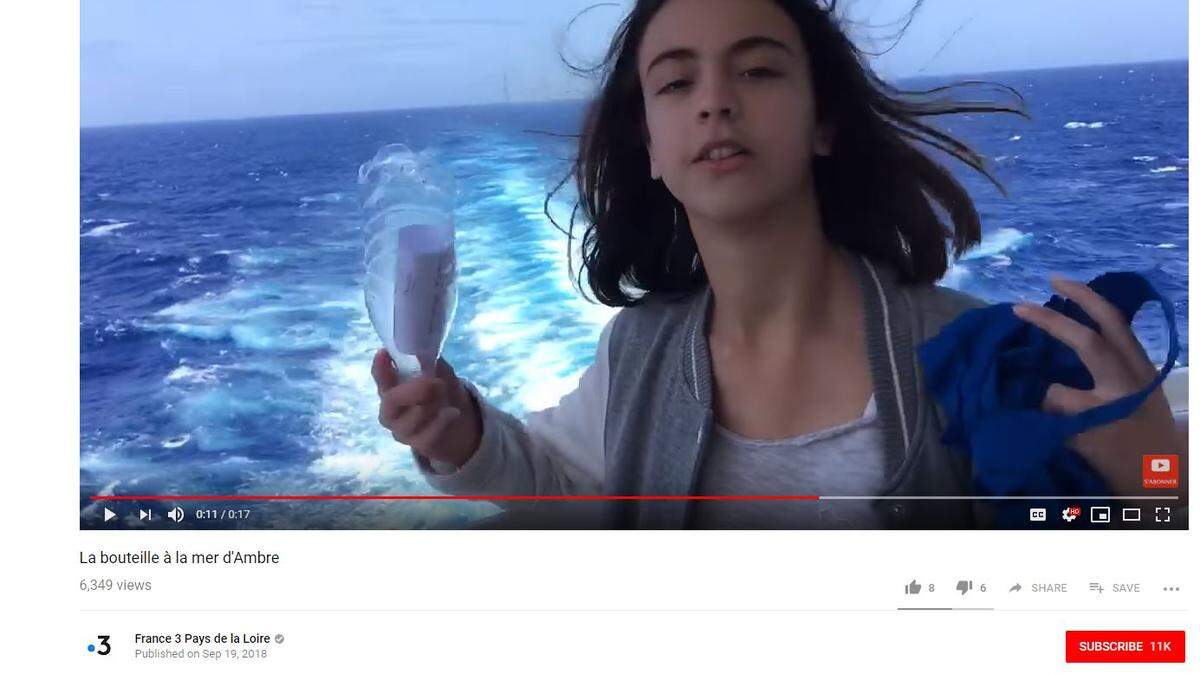 Ambre Dorange, 12, threw a message in a bottle from the back of a cruise ship in April. It washed up on a North Carolina beach in September.