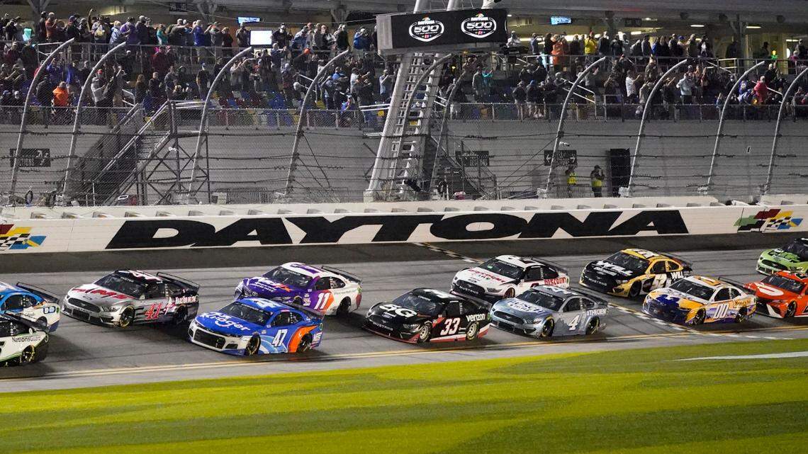 From Feb. 14, 2021: Drivers restart after a weather delay during the NASCAR Daytona 500 auto race at Daytona International Speedway in Daytona Beach, Fla. It’s another season of change for NASCAR as it prepares for Sunday’s opening Daytona 500.