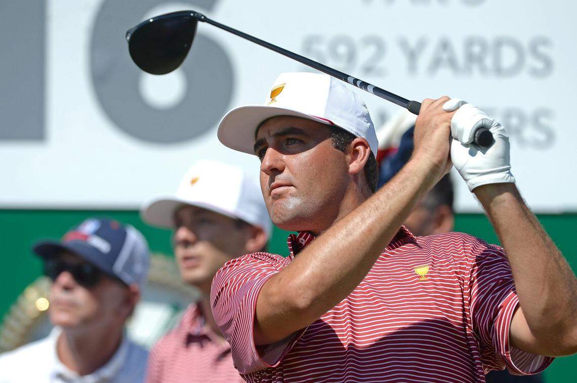 U.S. team member Scottie Scheffler watches his drive from the 16th tee box during a practice round at Quail Hollow Club in Charlotte, NC on Tuesday, September 20, 2022. Scheffler is currently the No. 1 player in the world.