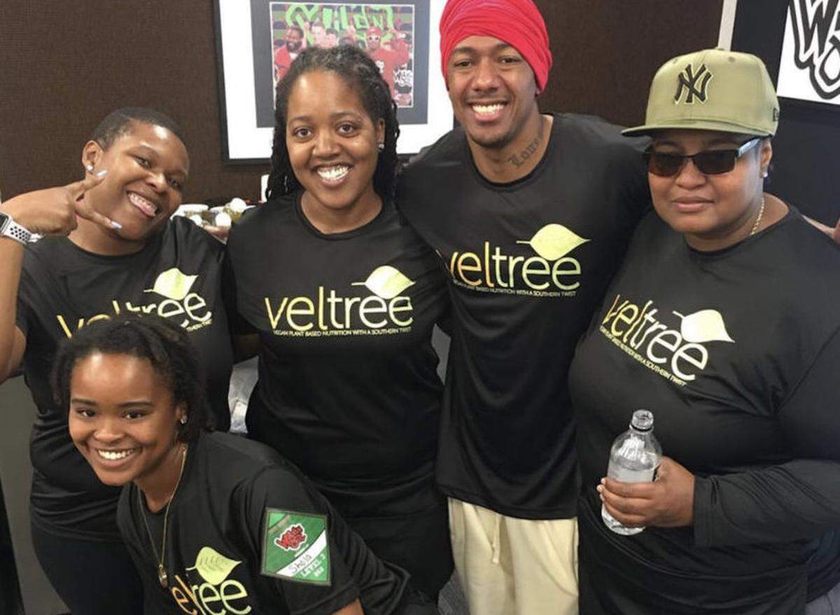 Nick Cannon with Chef Velvet Kelty-Jacobs, right, and the VelTree crew.