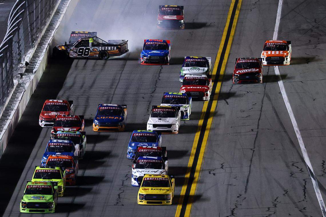 Jake Garcia, driver of the No. 98 Quanta Services/Curb Records Ford, and Tony Stewart, driver of the No. 25 Ram RAM, spin after an on-track incident during the NASCAR Craftsman Truck Series Fresh from Florida 250 at Daytona International Speedway on Feb. 13, 2026 in Daytona Beach, Florida.