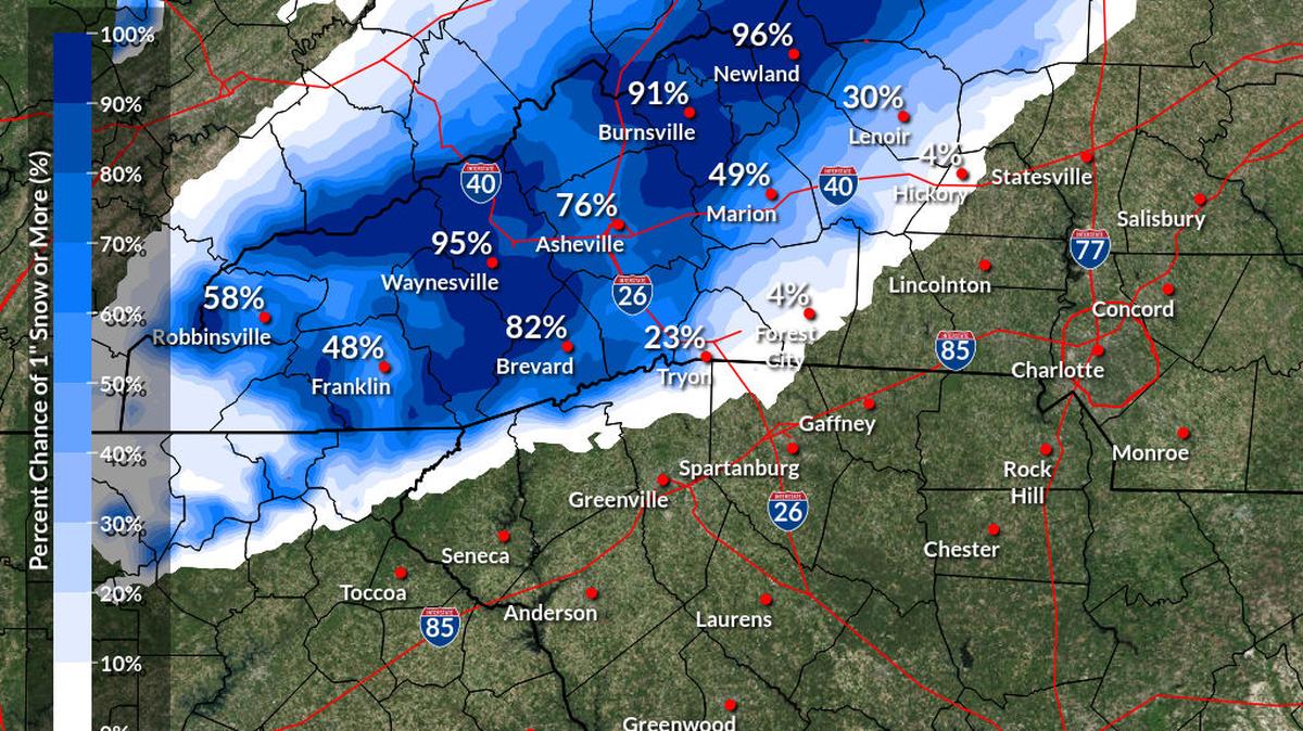 This map shows the chance that 1 inch of snow or more call fall Feb. 11 through early Feb. 13.