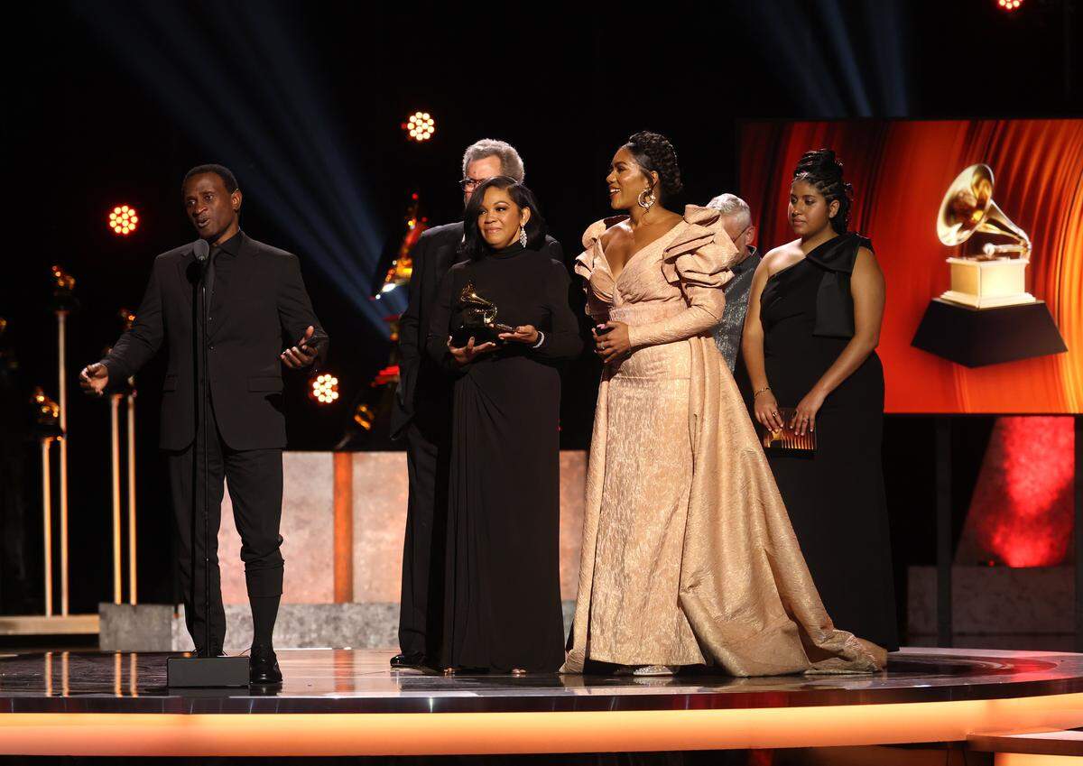 LOS ANGELES, CALIFORNIA - FEBRUARY 01: (L-R) KwamÃ© Ryan, Blanton Alspaugh, Janai Brugger and J'Nai Bridges accept the Best Opera Recording award for "Heggie: Intelligence" onstage during  the 68th GRAMMY Awards Premiere Ceremony at Peacock Theater on February 01, 2026 in Los Angeles, California. (Photo by Matt Winkelmeyer/Getty Images for The Recording Academy)