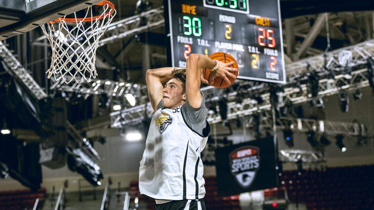 Duke’s Cooper Flagg dunks during a game at the Top 100 Camp for prep stars in 2023.