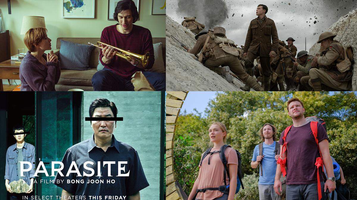 Catch these films from 2019 and others that the Academy of Motion Picture Arts and Sciences have listed as contenders for the Academy Awards. Clockwise from top left: “Marriage Story,” “1917,” “Midsommar” and “Parasite.”