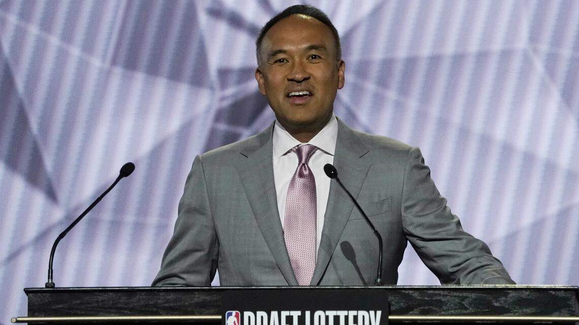 NBA deputy commissioner Mark Tatum announces the results during the 2022 NBA Draft Lottery at McCormick Place.