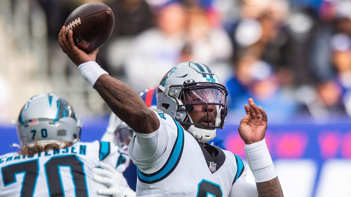 Panthers quarterback PJ Walker throws a pass during the game against the Giants at MetLife Stadium on Sunday, October 24, 2021 in Rutherford, NJ. Walker was brought in to replace starting quarterback Sam Darnold during the fourth quarter. The Panthers, who did not score a single touchdown, lost to the Giants, 24-3. This is the Panthers fourth straight loss after a 3-0 start to the season.