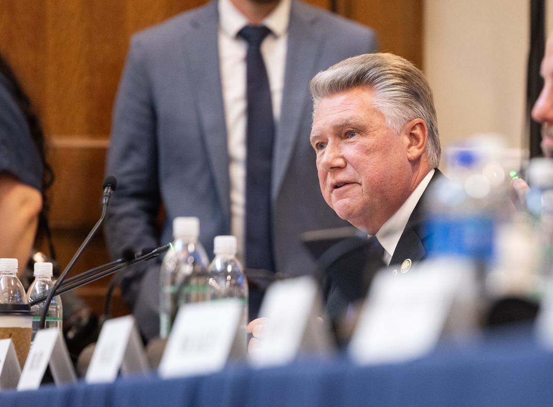 Rep. Mark Harris, a North Carolina Republican whose district covers parts of Mecklenburg County and Charlotte, speaks during a U.S. House Judiciary subcommittee hearing in Charlotte on crime and public safety in the wake of the light rail stabbing at Charles R. Jonas Federal Building in Charlotte N.C., on Monday, September 29, 2025.