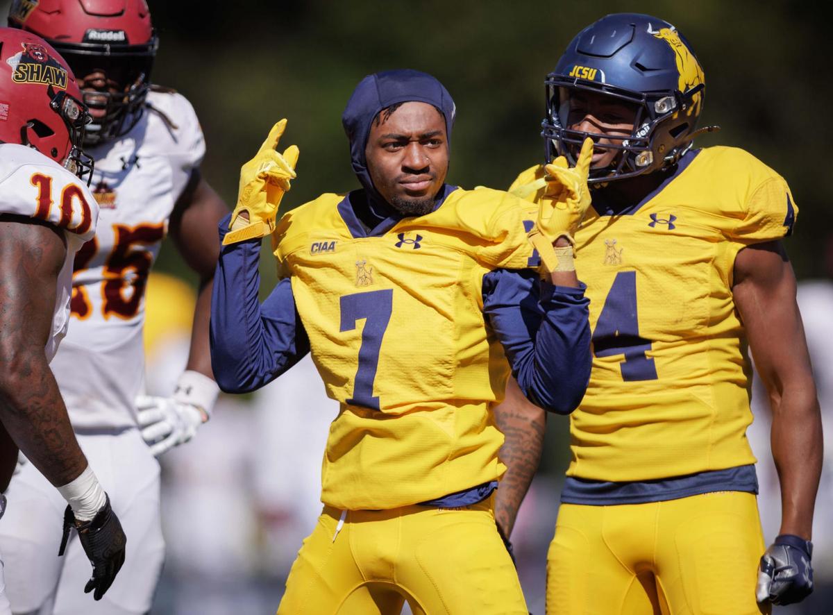 The Bulls Blake McCullough (7) celebrates his touchdown catch. The Bulls go to 7-0 as they defeat Shaw University 21-14 Saturday October 19, 2024.