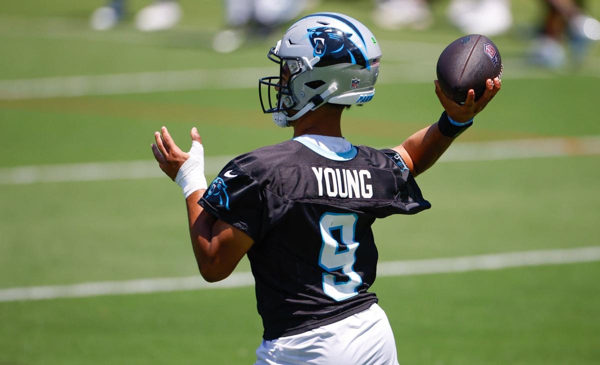 Panthers quarterback Bryce Young (9) throws a pass during minicamp practice in Charlotte, NC on Tuesday, June 11, 2024.