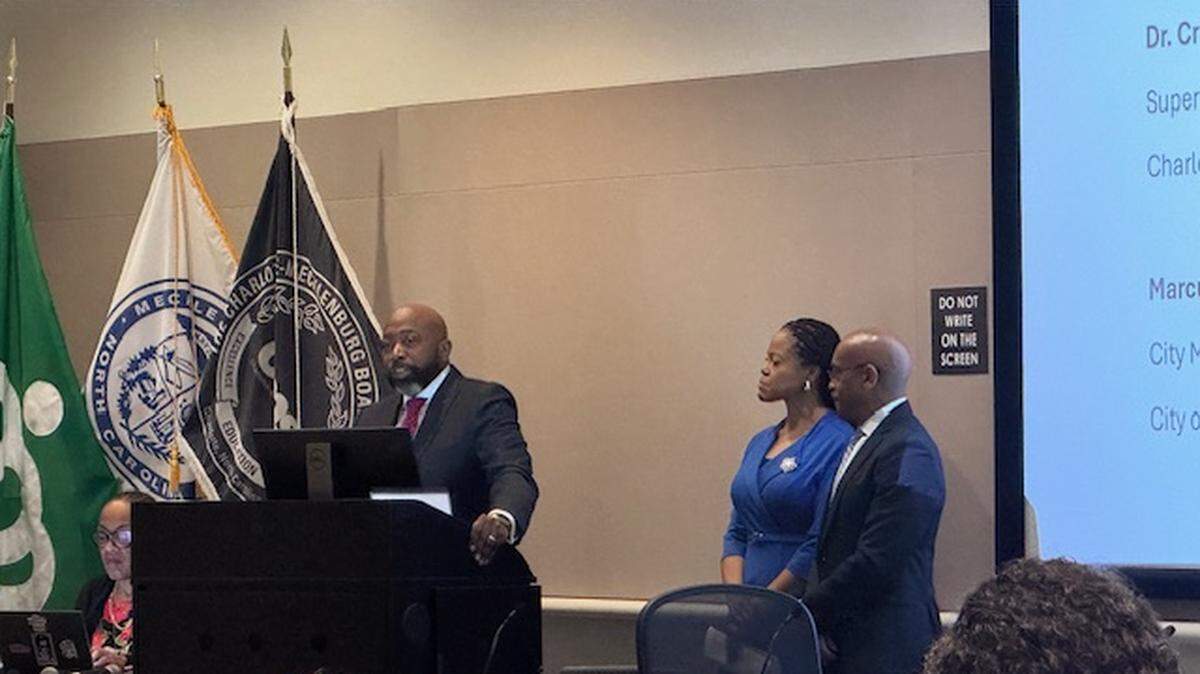 Mecklenburg County Manager Mike Bryant, Charlotte-Mecklenburg Schools Superintendent Crystal Hill and Charlotte City Manager Marcus Jones speak during a joint legislative forum on Tuesday, April 14, 2026.