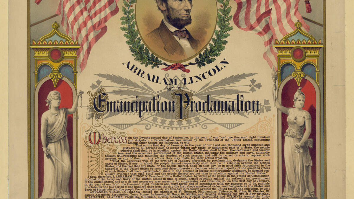 This text of the Emancipation Proclamation includes a portrait of Abraham Lincoln and allegorical figures of Justice and Liberty. It was published around 1888 by the Strobridge Lithographing Company. It is in the collection of the Library of Congress in Washington. Illustrates CIVILWAR-EMANCIPATION (category l) by Philip Kennicott (c) 2012, The Washington Post. Moved Friday, Sept. 7, 2012. (MUST CREDIT: Library of Congress Prints and Photographs Division)