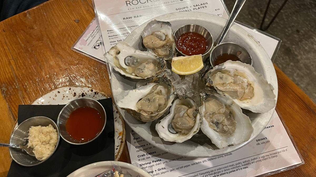 Rocksalt is known for its raw bar, offering a selection of fresh oysters from Rappahannock Oyster Company.